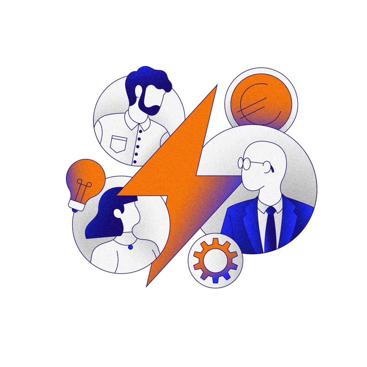 Illustratie door Sjoerd Verbeek. Een elektriciteit schicht in het midden. Daaromheen verschillende iconen. Zoals een man in pak, een vrouw, een lampenbol, een man met baard, een euroteken en een tandwiel. Samen vormen ze het bedrijfsleven.