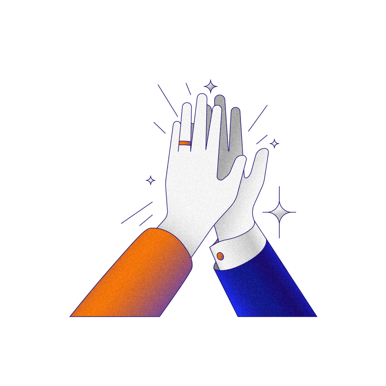 Illustratie gemaakt door Sjoerd Verbeek. Twee handen die elkaar een high five geven in de lucht. De illustratie is gemaakt in Awesems kleuren: Oranje en blauw.