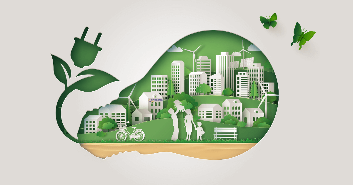 Illustratie van een peertje/lamp waaruit een duurzame stekker steekt. In de lamp is een groene wereld geïllustreerd.