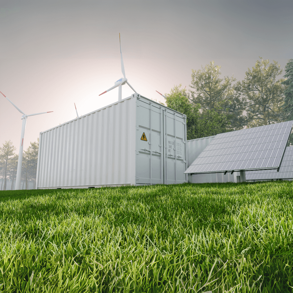 Energy Hubs, windmolens en zonnepanelen op een groen grasveld met groene bomen.