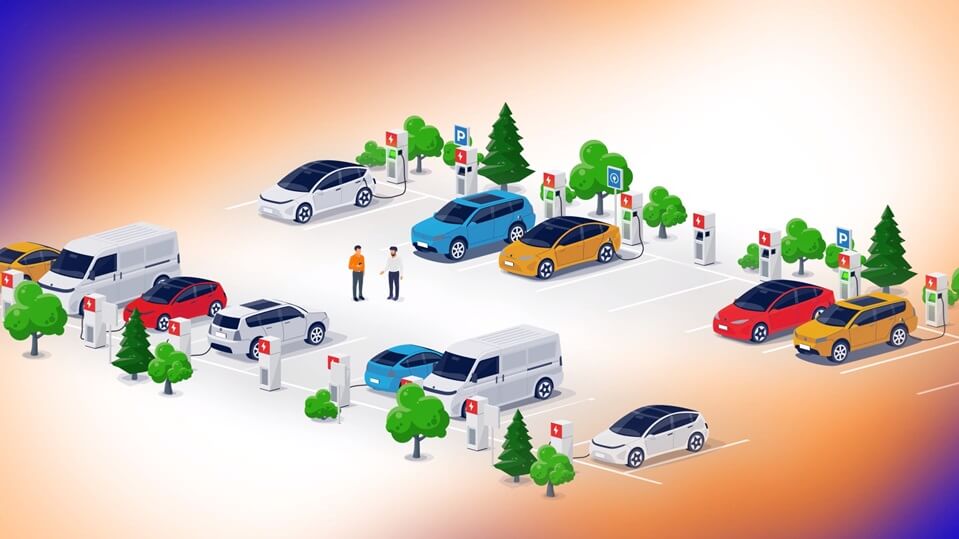 Laadplein van Awesems. Op het laadplein zijn verschillende elektrische auto's te zien welke aan het laden zijn. Twee mensen lopen over het laadplein heen.