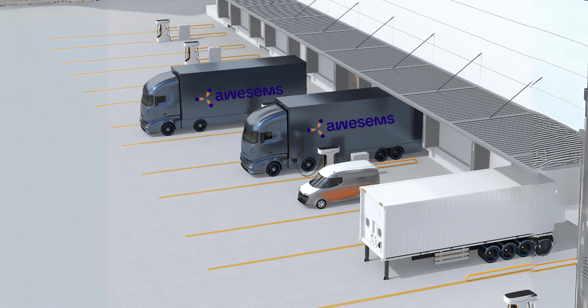 Geïllustreerde vrachtwagen van Awesems bij het laaddock.